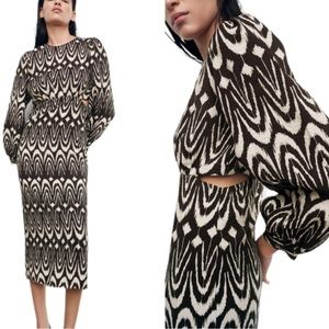Zara Printed Midriff Cutout Detail Brown Cream Ikat Puff Sleeve Maxi Dress - M